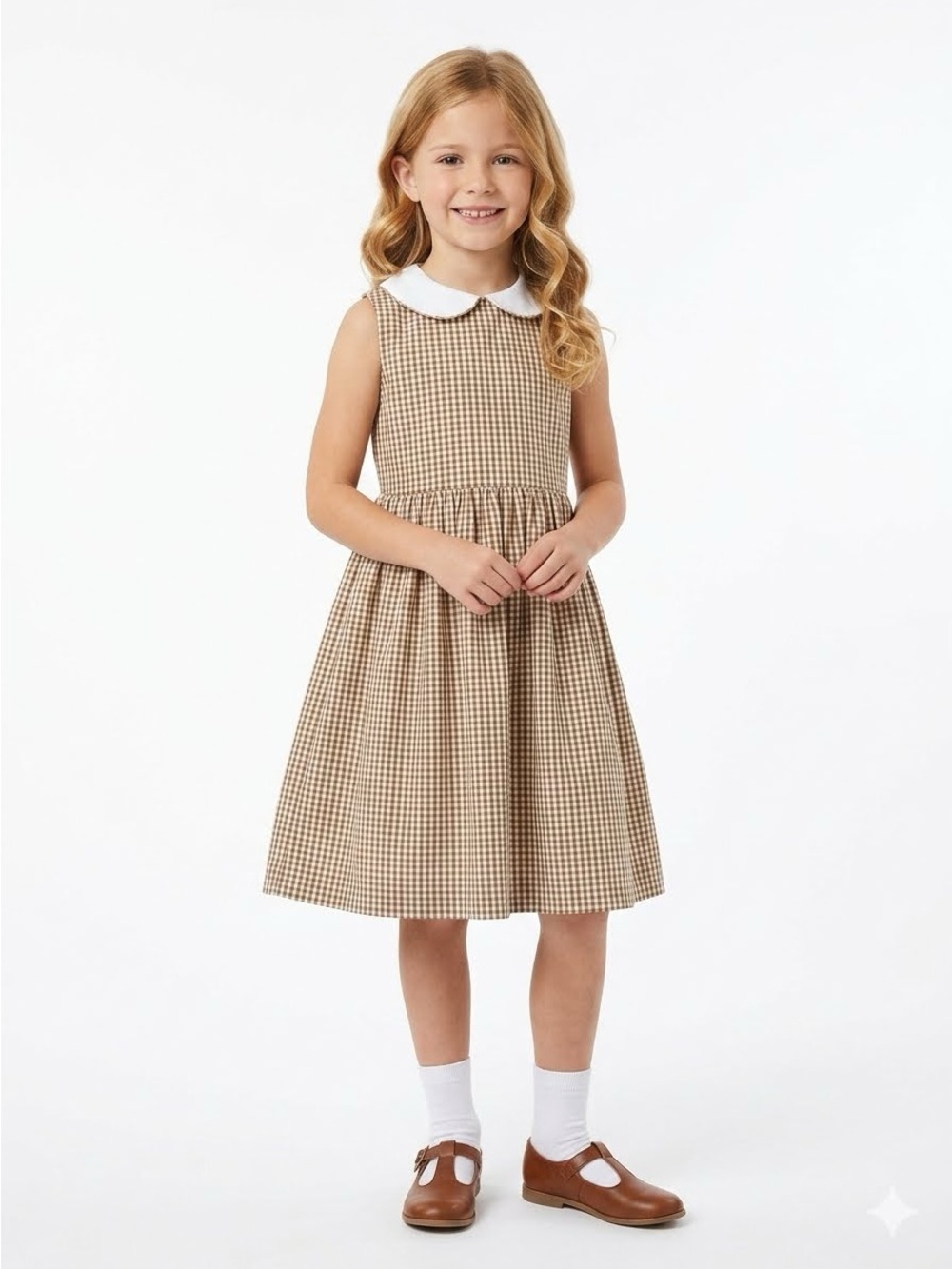 PAPO D'ANJO DRESS Girls CHECK Khaki White Size 6 FIT & FLARE gingham